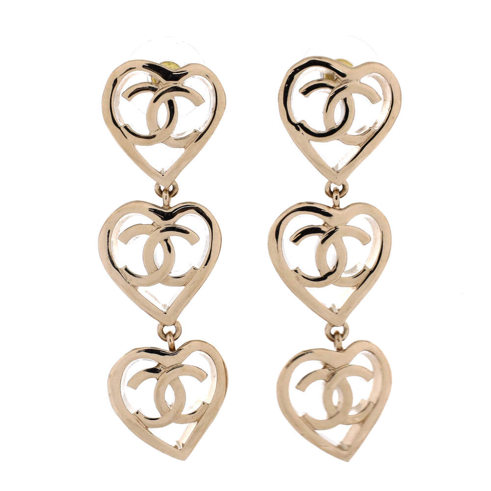 Chanel Coco In Love Triple Heart CC Drop Earrings Metal